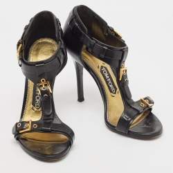 Pre Owned Tom Ford Black Leather Buckle Detail T-Strap Sandals Size 36
