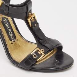Pre Owned Tom Ford Black Leather Buckle Detail T-Strap Sandals Size 36