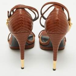 Tom Ford Brown Lizard Embossed Leather Padlock Ankle Strap Sandals Size 37