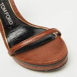Tom Ford Brown Lizard Embossed Leather Padlock Ankle Strap Sandals Size 37
