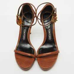 Tom Ford Brown Lizard Embossed Leather Padlock Ankle Strap Sandals Size 37