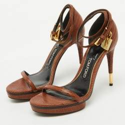 Tom Ford Brown Lizard Embossed Leather Padlock Ankle Strap Sandals Size 37