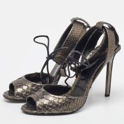 Pre Owned Tom Ford Metallic Grey Python Lock Ankle Strap Sandals Size 39.5