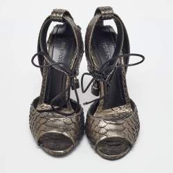Pre Owned Tom Ford Metallic Grey Python Lock Ankle Strap Sandals Size 39.5