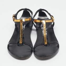 Tom Ford Black Croc Embossed Leather T-Strap Flat Sandals Size 37