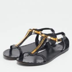 Tom Ford Black Croc Embossed Leather T-Strap Flat Sandals Size 37