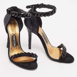 Tom Ford Black Suede Studded Chain Link Ankle Strap Sandals Size 37