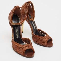 Tom Ford Brown Braided Leather Ankle Strap Sandals Size 37