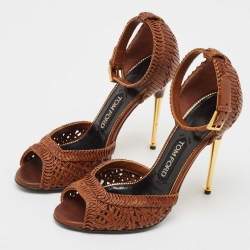Tom Ford Brown Braided Leather Ankle Strap Sandals Size 37