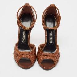 Tom Ford Brown Braided Leather Ankle Strap Sandals Size 37