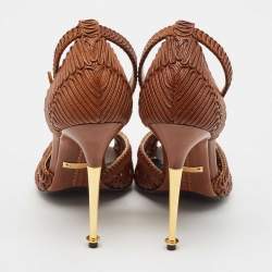 Tom Ford Brown Braided Leather Ankle Strap Sandals Size 37