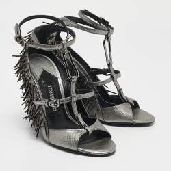 Tom Ford Metallic Grey Leather Embellished  Wedge Sandals Size 37