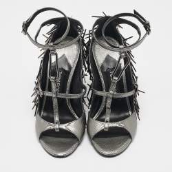 Tom Ford Metallic Grey Leather Embellished  Wedge Sandals Size 37