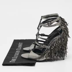 Tom Ford Metallic Grey Leather Embellished  Wedge Sandals Size 37
