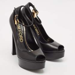 Tom Ford Black Leather Padlock Peep Toe Ankle Wrap Pumps Size 41