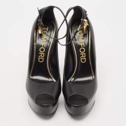 Tom Ford Black Leather Padlock Peep Toe Ankle Wrap Pumps Size 41