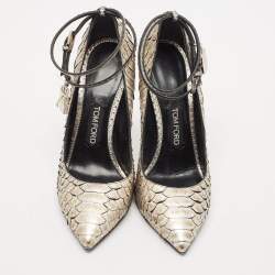 Tom Ford Gold Python Leather Padlock Ankle Strap Pointed Toe Pumps Size 41