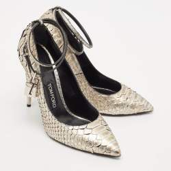 Tom Ford Gold Python Leather Padlock Ankle Strap Pointed Toe Pumps Size 41