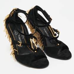 Tom Ford Black Suede Embellished  Ankle Wrap Wedge Sandals Size 37