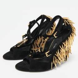 Tom Ford Black Suede Embellished  Ankle Wrap Wedge Sandals Size 37
