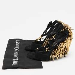 Tom Ford Black Suede Embellished  Ankle Wrap Wedge Sandals Size 37
