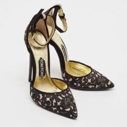 Tom Ford Black Embroidered Suede D'Orsay Ankle Strap Pumps Size 37.5