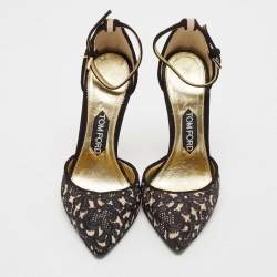 Tom Ford Black Embroidered Suede D'Orsay Ankle Strap Pumps Size 37.5