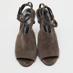 Tom Ford Dark Grey Suede Open Toe Ankle Strap Sandals Size 39.5