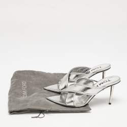 Pre Owned Tom Ford Silver Leather Crisscross Slide Sandals Size 38