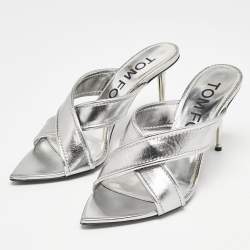 Pre Owned Tom Ford Silver Leather Crisscross Slide Sandals Size 38