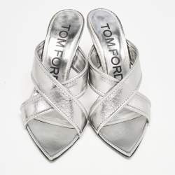Pre Owned Tom Ford Silver Leather Crisscross Slide Sandals Size 38