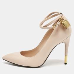 Tom Ford Beige Leather Pointed Toe Padlock Ankle Strap Pumps Size 38.5