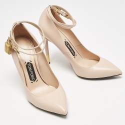 Tom Ford Beige Leather Pointed Toe Padlock Ankle Strap Pumps Size 38.5