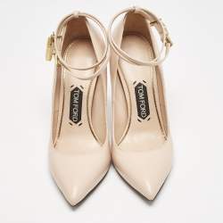 Tom Ford Beige Leather Pointed Toe Padlock Ankle Strap Pumps Size 38.5