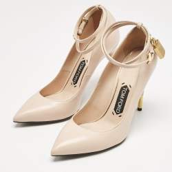 Tom Ford Beige Leather Pointed Toe Padlock Ankle Strap Pumps Size 38.5