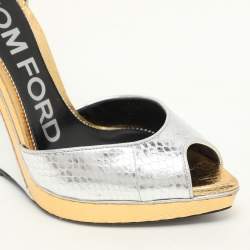 Tom Ford Silver/Gold Python Embossed Leather Trompe L'oeil Wedge Pumps Size 36