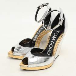 Tom Ford Silver/Gold Python Embossed Leather Trompe L'oeil Wedge Pumps Size 36