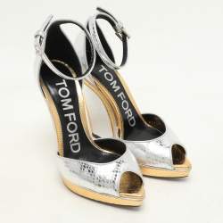 Tom Ford Silver/Gold Python Embossed Leather Trompe L'oeil Wedge Pumps Size 36