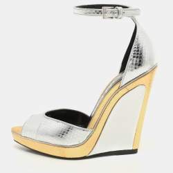 Tom Ford Silver/Gold Python Embossed Leather Trompe L'oeil Wedge Pumps Size 36
