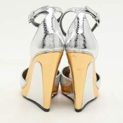 Tom Ford Silver/Gold Python Embossed Leather Trompe L'oeil Wedge Pumps Size 36