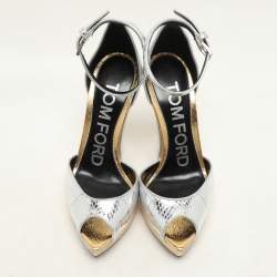 Tom Ford Silver/Gold Python Embossed Leather Trompe L'oeil Wedge Pumps Size 36