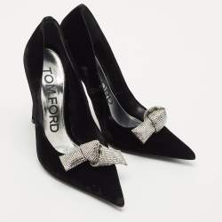 Tom Ford Black Velvet Crystal Embellished Bow Pumps Size 41
