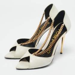 Tom Ford White Leather Chain Detail Open Toe Pumps Size 38