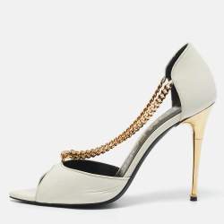 Tom Ford White Leather Chain Detail Open Toe Pumps Size 38
