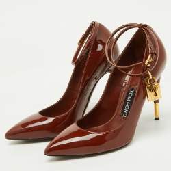Tom Ford Brown Patent Leather Padlock Ankle Wrap Pumps Size 38