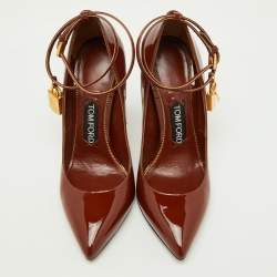 Tom Ford Brown Patent Leather Padlock Ankle Wrap Pumps Size 38