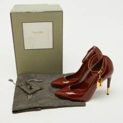 Tom Ford Brown Patent Leather Padlock Ankle Wrap Pumps Size 38