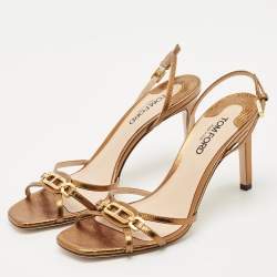 Tom Ford Metallic Lizard Embossed Leather Chain Embellished Slingback Sandals Size 38.5