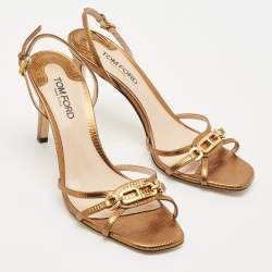 Tom Ford Metallic Lizard Embossed Leather Chain Embellished Slingback Sandals Size 38.5