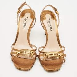 Tom Ford Metallic Lizard Embossed Leather Chain Embellished Slingback Sandals Size 38.5